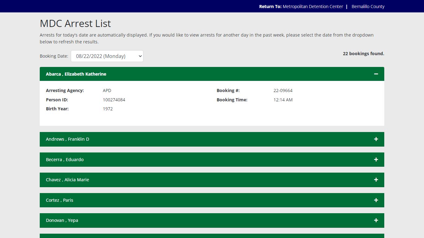 MDC Arrest List - Bernalillo County