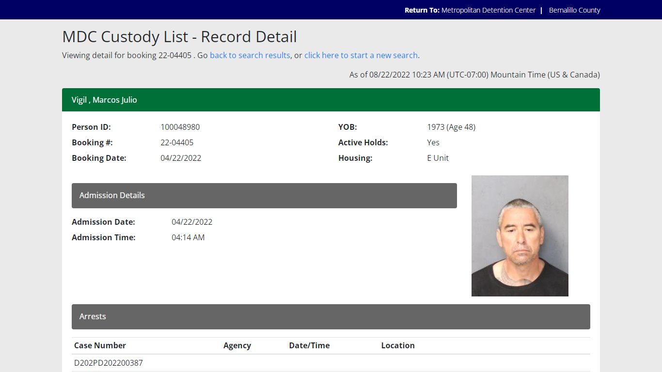 MDC Custody List - Record Detail - Bernalillo County